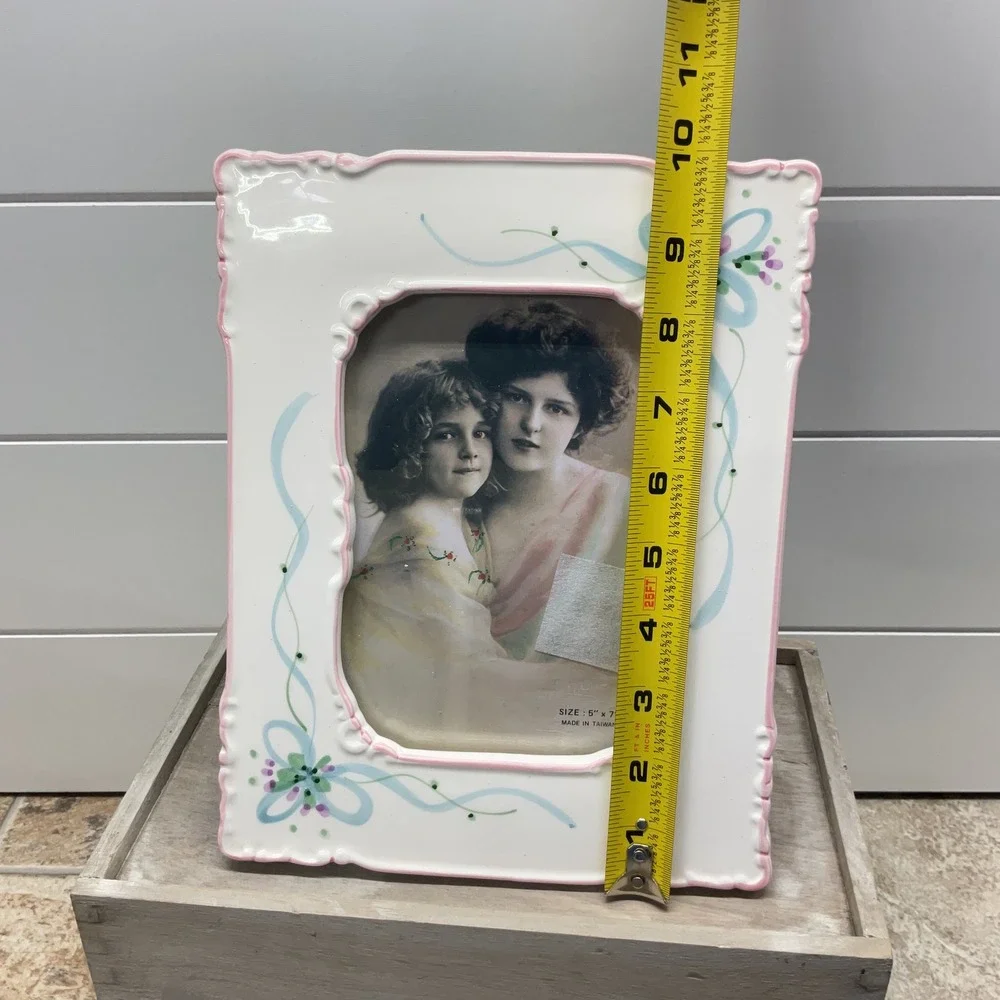 Vintage Ceramic 5x7 Picture Frame Scalloped Pink Trim Blue Ribbon Floral Bows